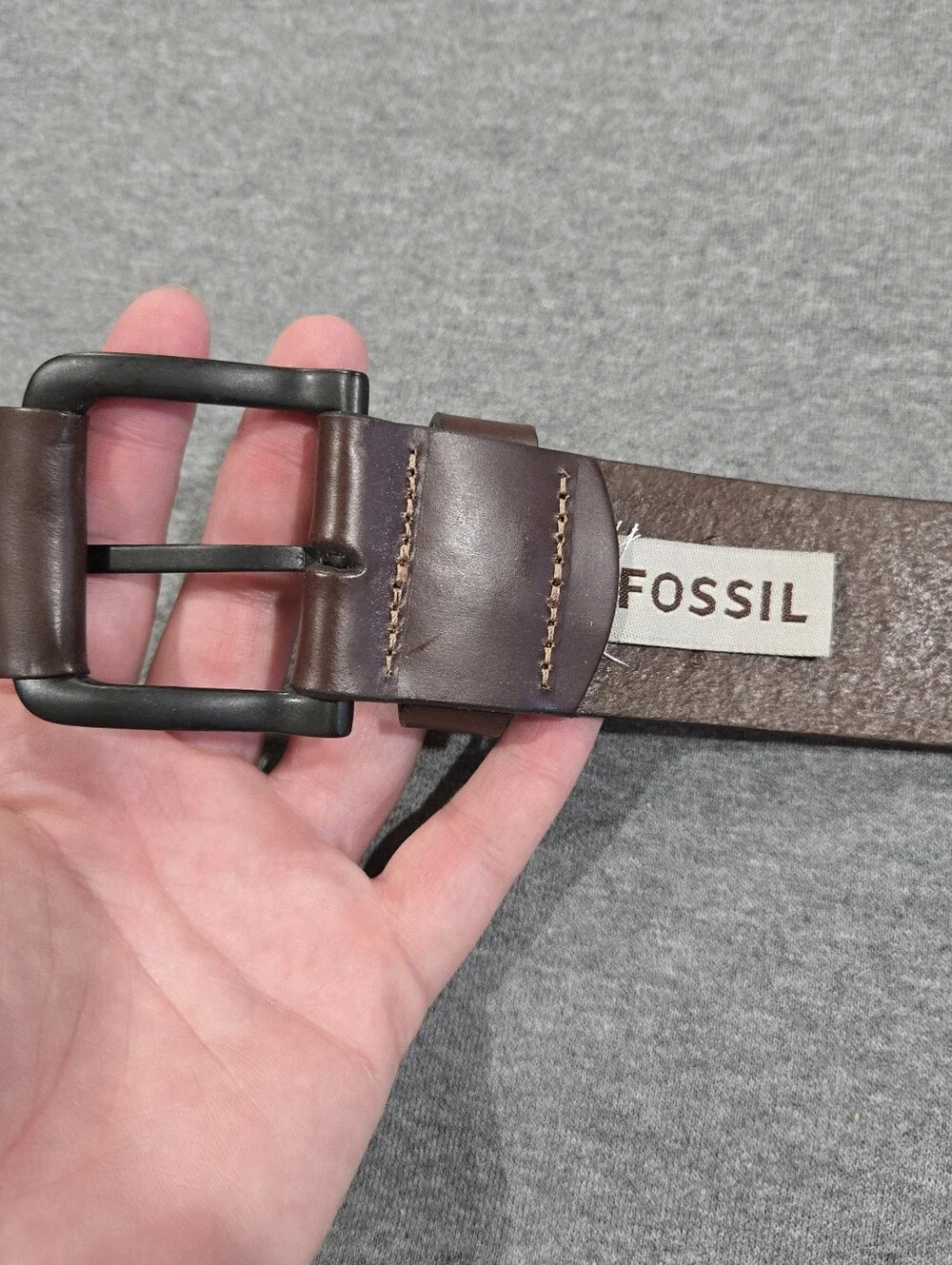Fossil Mens Size 34 Brown Genuine Leather Casual Belt Black Square Buckle Basic